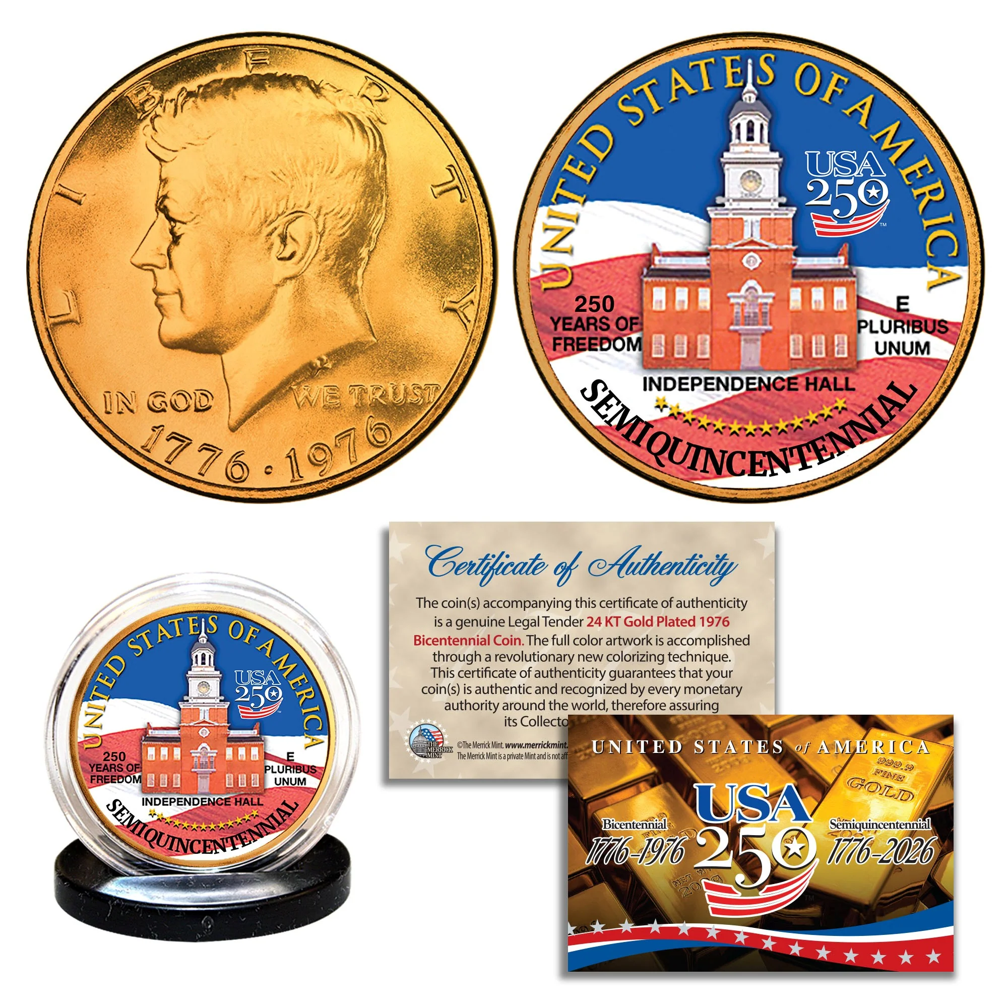 1976 Bicentennial - 24KT Gold Plated & Colorized Semiquincentennial 3-Coin Set - Image 2