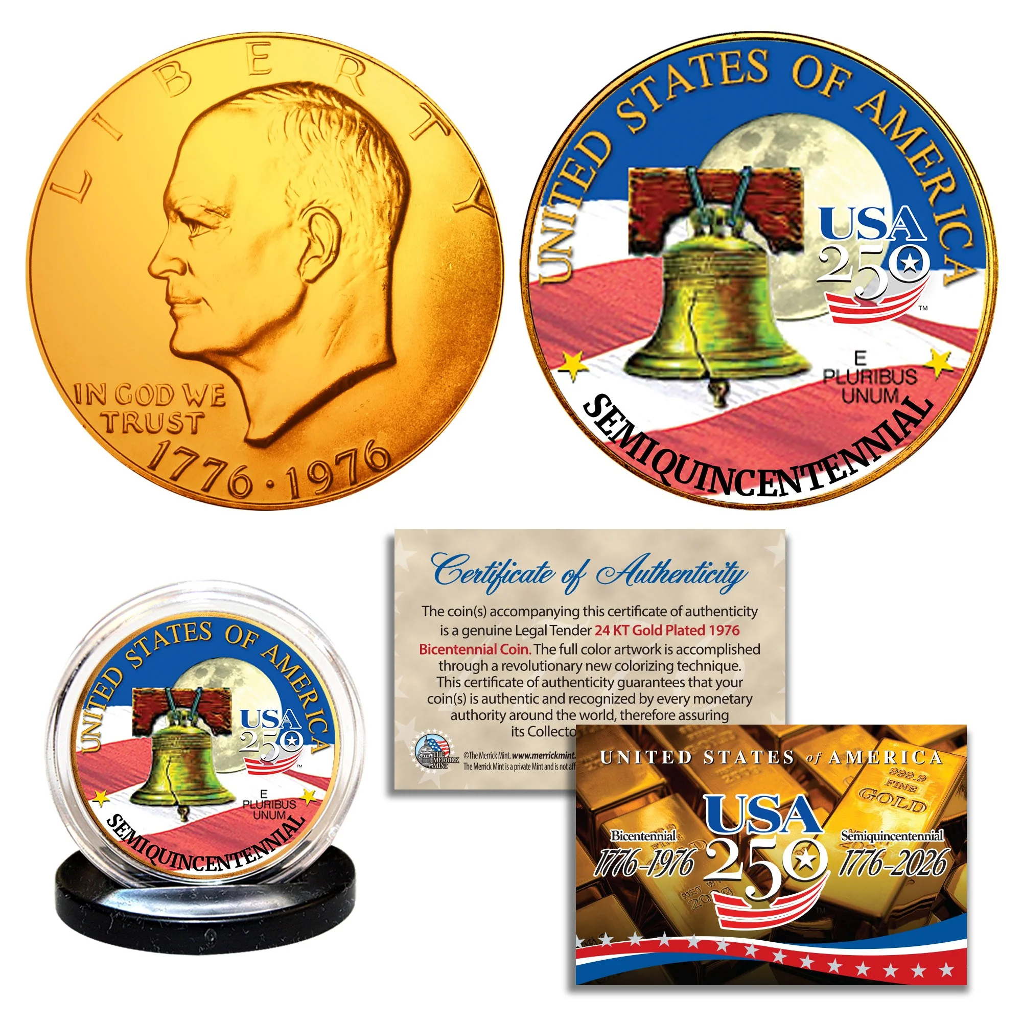 1976 Bicentennial - 24KT Gold Plated & Colorized Semiquincentennial 3-Coin Set - Image 4