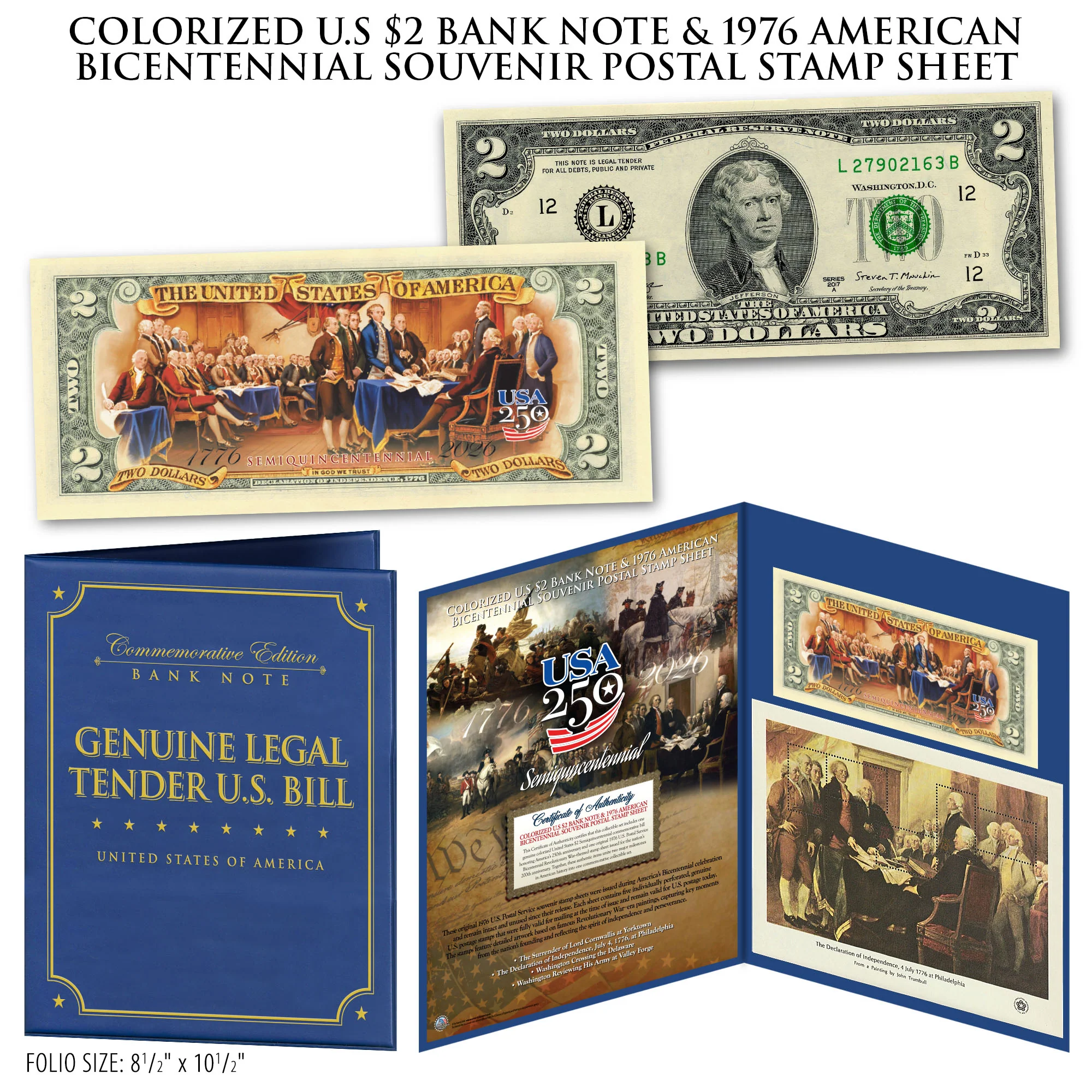 Colorized U.S $2 Bank Note & 1976 American Bicentennial Souvenir Postal Stamp Sheets (Set 2 of 2) - Image 2