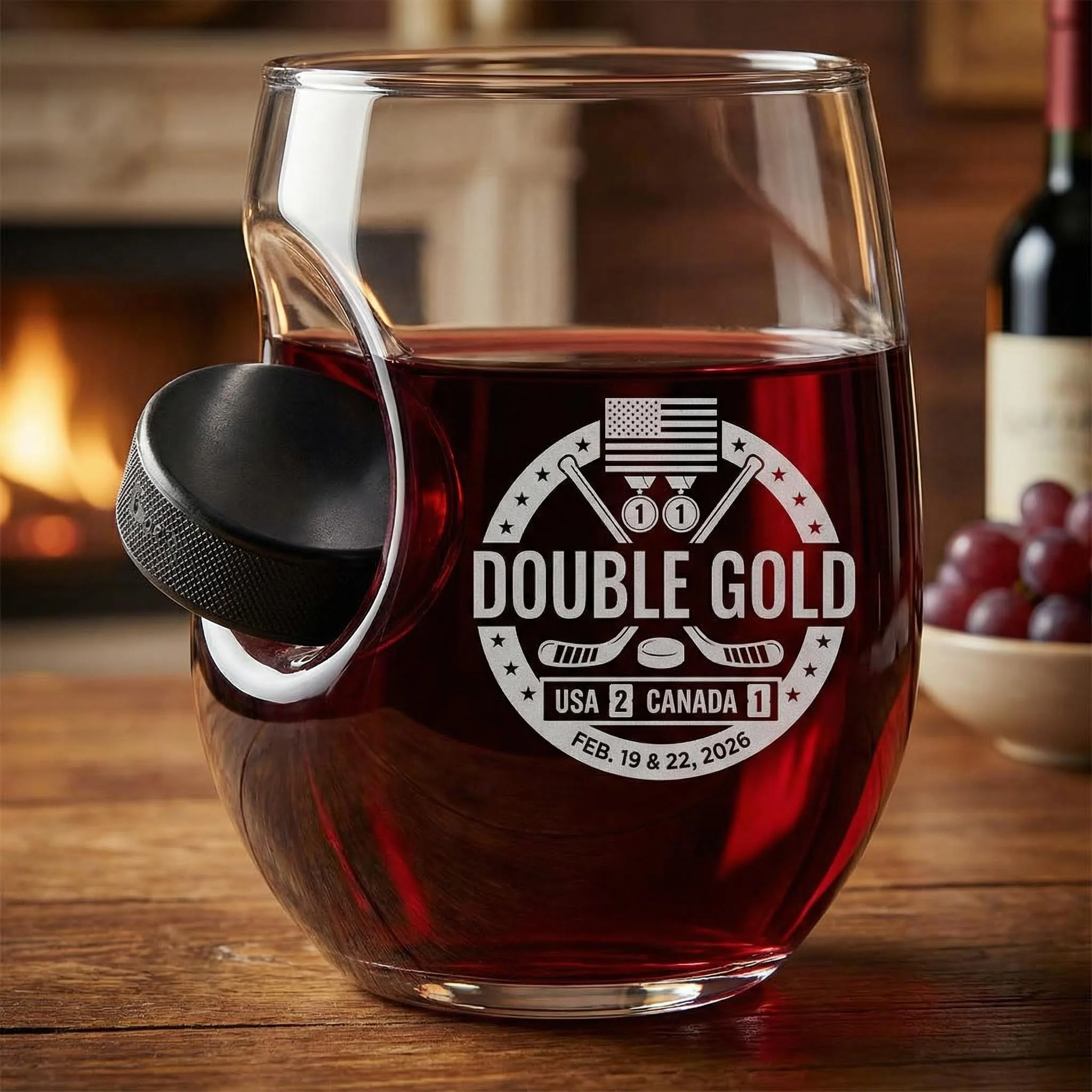 USA Hockey Double Gold - Hockey Puck Embedded Glassware - Image 3