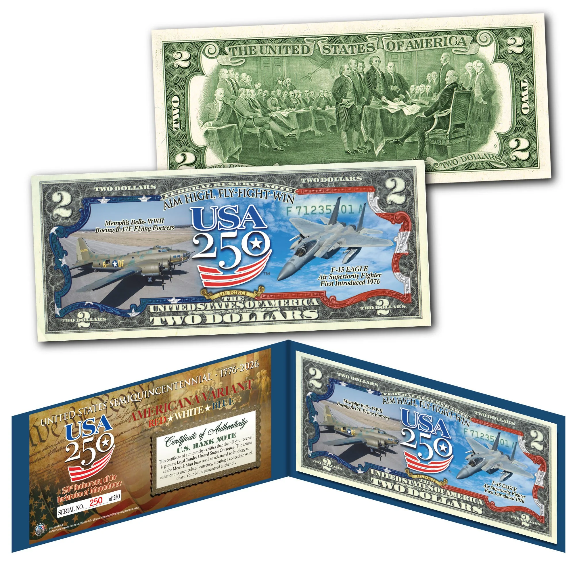 [FLAG BORDER] USA 250th Anniversary Military Collectible $2 Bill Bundle [SAVE 10%] (250 Available & Individually Numbered) - Image 2