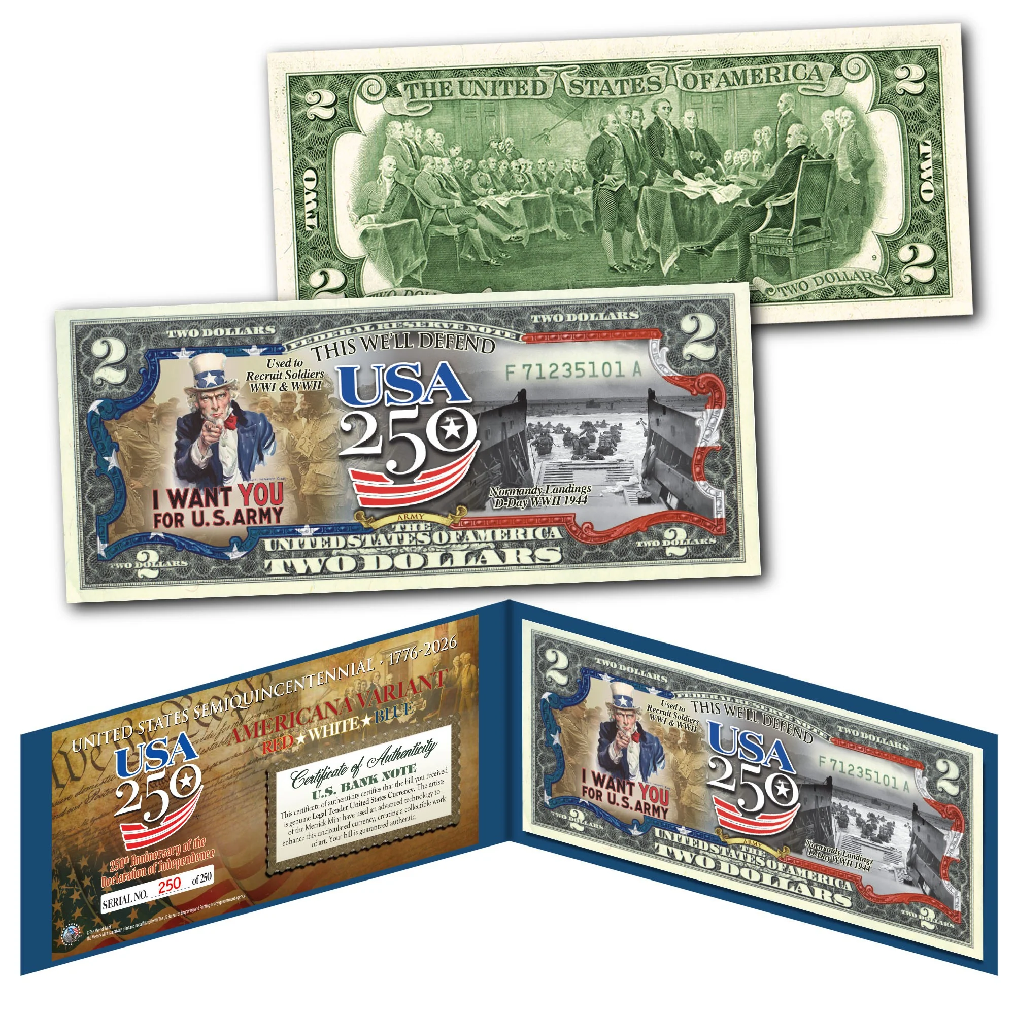 [FLAG BORDER] USA 250th Anniversary Military Collectible $2 Bill Bundle [SAVE 10%] (250 Available & Individually Numbered) - Image 3