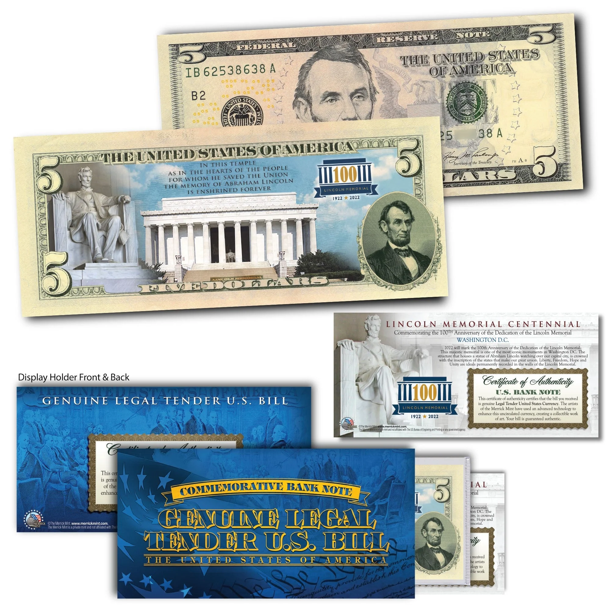 Lincoln Memorial 100th Anniversary - Genuine Legal Tender U.S. $5 Bill - Image 2