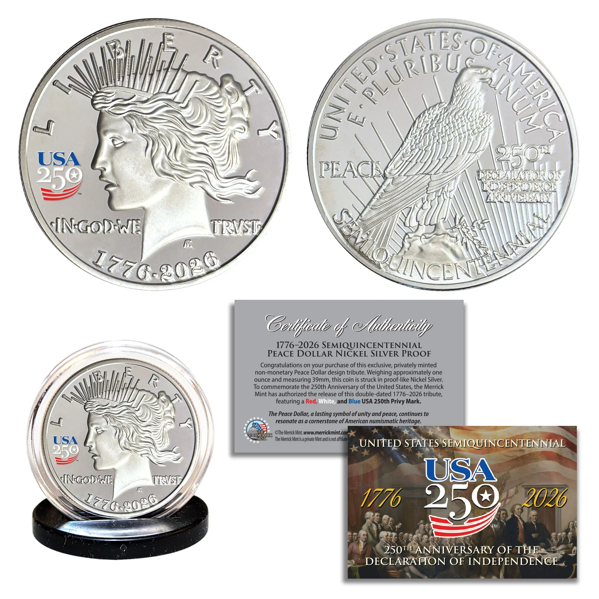 USA 250th Patriotic Upgrade Bundle – Silver Peace Coin & Independence $2 Bill - Image 2