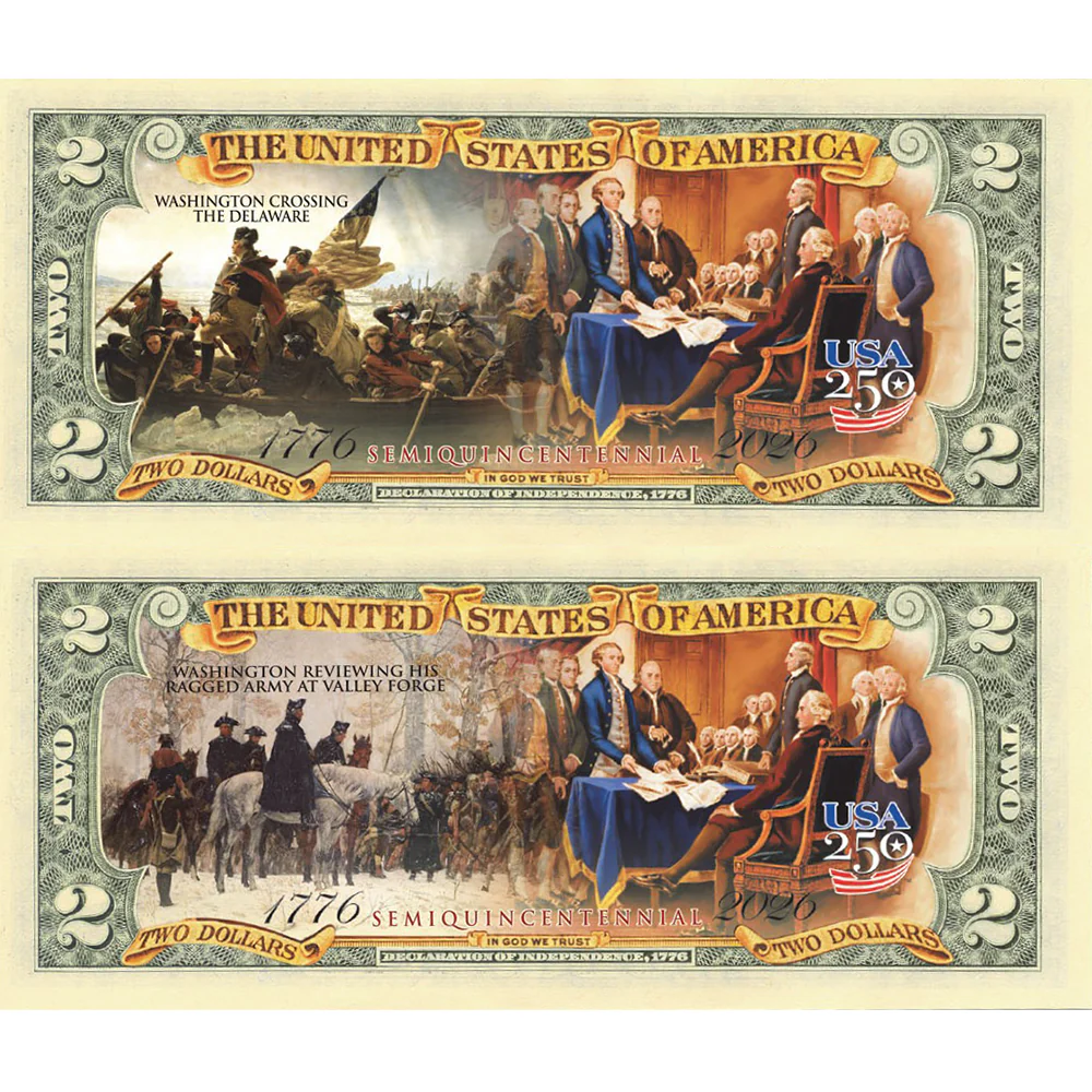 Colorized U.S $2 Bank Note & 1976 American Bicentennial Souvenir Postal Stamp Sheets (Set 1 of 2) - Image 4